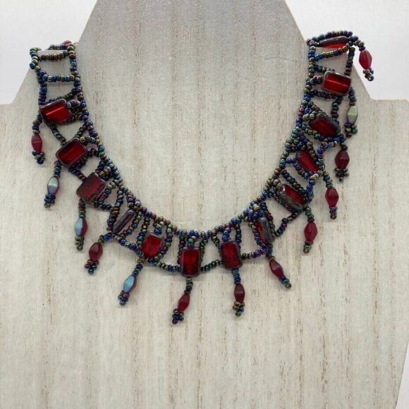 Renaissance Beaded Choker 13" Necklace Iridescent Seed Beads Red Rectangle - Picture 7 of 7